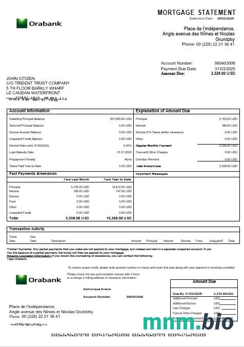 Togo Orabank wyciąg z kredytu hipotecznego w formatach Word i PDF